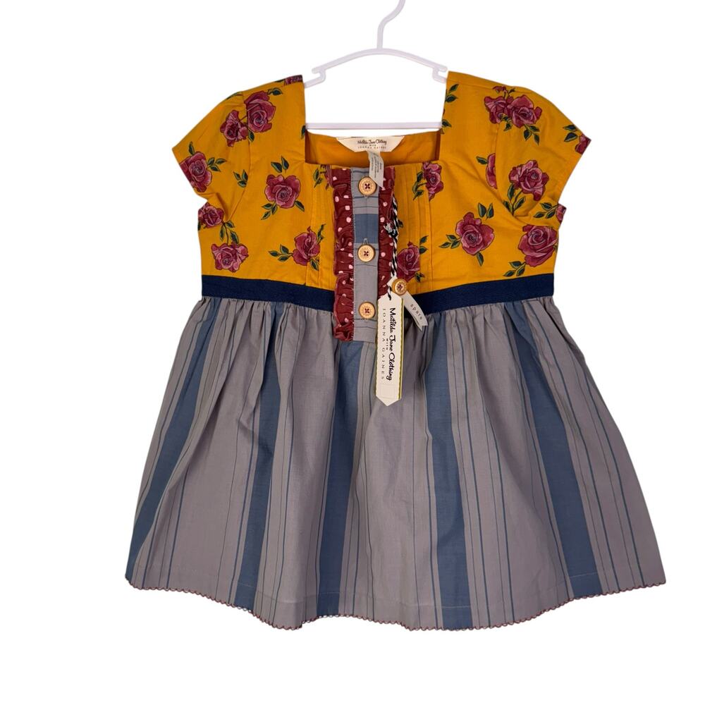 NWT Matilda Jane Joanna Gaines Floral Dress Mustard Yellow Blue Striped Skirt